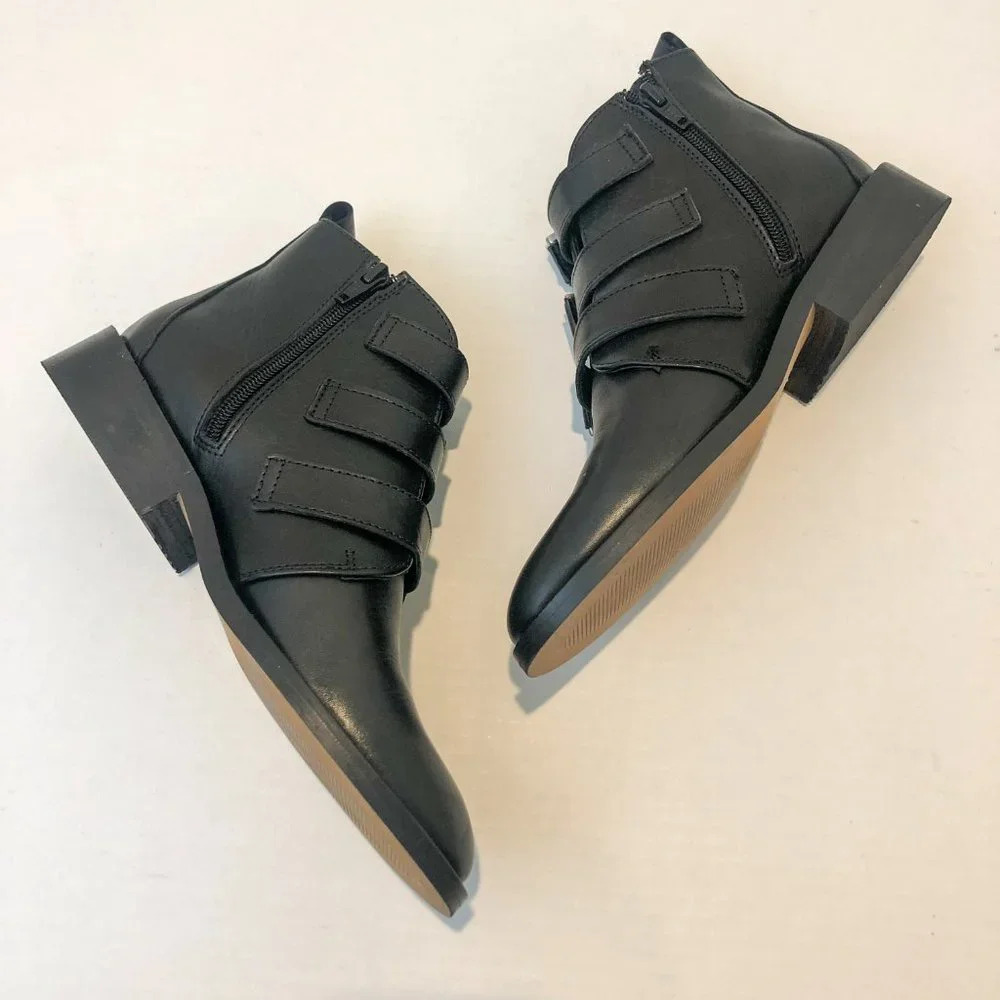 LITTLE BURGUNDY Black Leather Buckle Almond Toe Western Ankle Booties Women's 6 - Picture 6 of 9